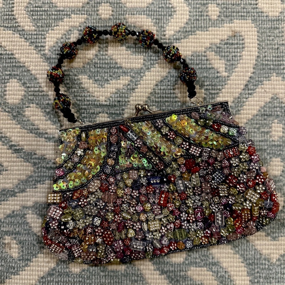 Vintage Colorful Beaded Handbag Black Fabric Satin Lining Multicolored Beads‎